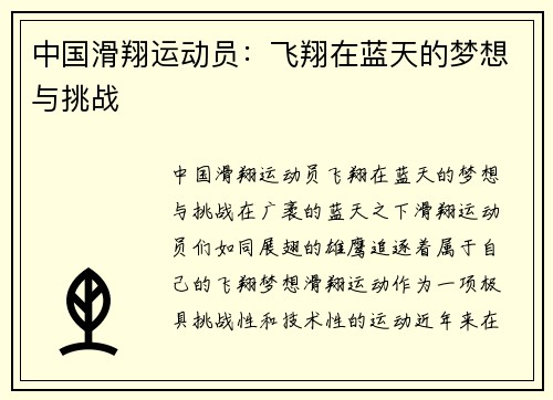 中国滑翔运动员：飞翔在蓝天的梦想与挑战